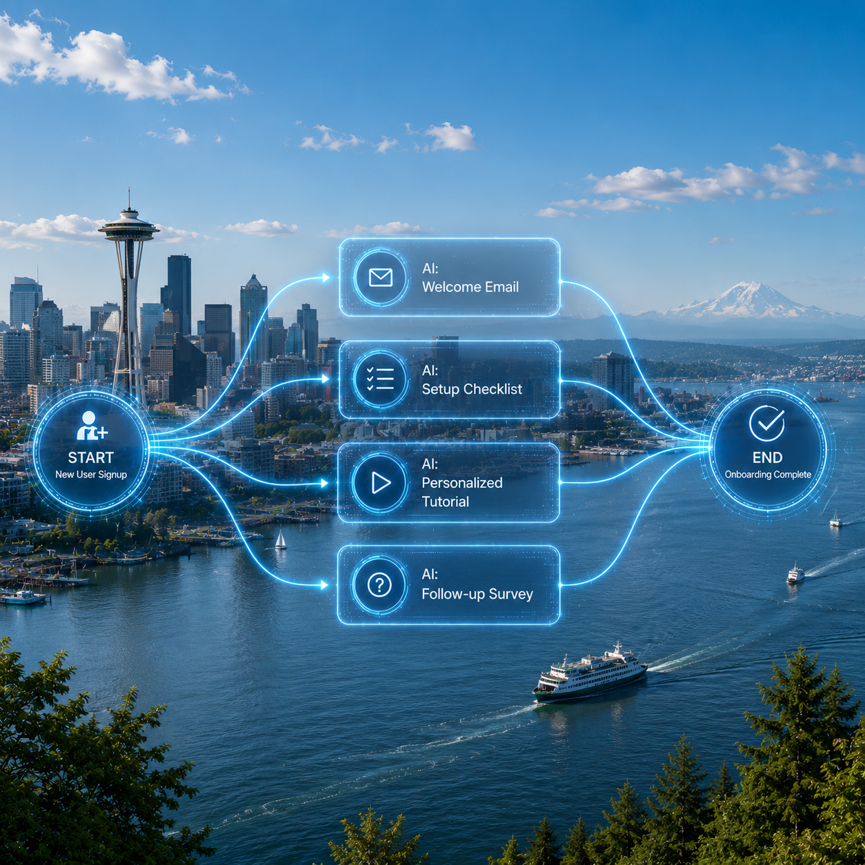 AI automation and business workflow diagram over a Seattle and Puget Sound inspired landscape, representing technology consulting, systems integration, and process automation for small businesses.